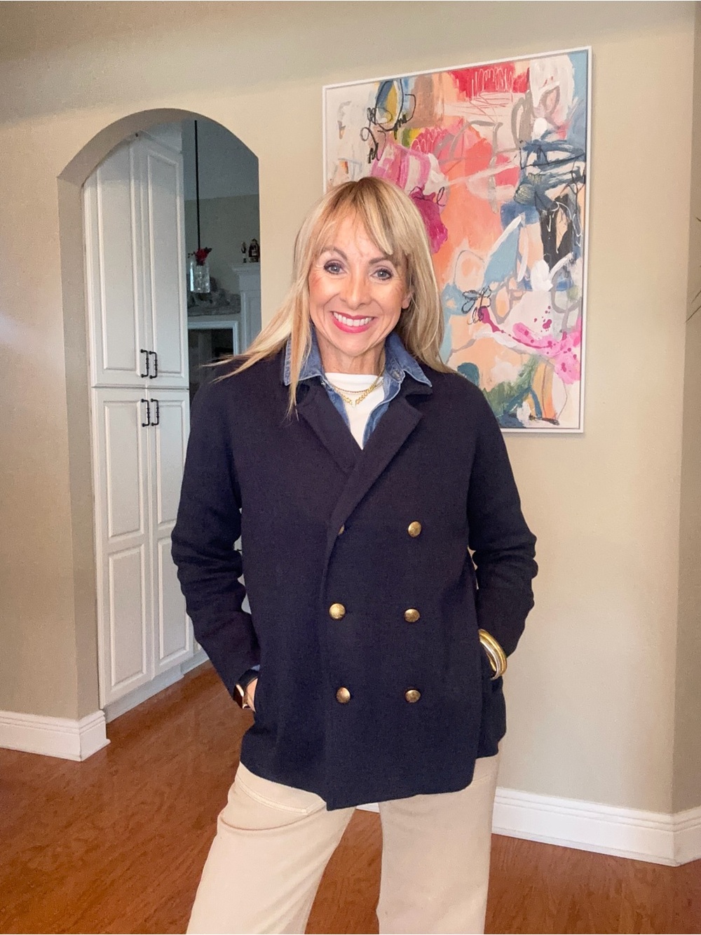 J. Jill Navy Double-Breasted Blazer with Gold Buttons